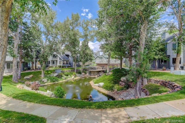 view of property's community with a residential view and a garden pond