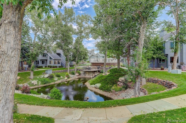 view of home's community featuring a lawn and a small pond