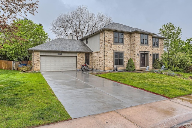 view of front of house with an attached garage, concrete driveway, brick siding, and a chimney