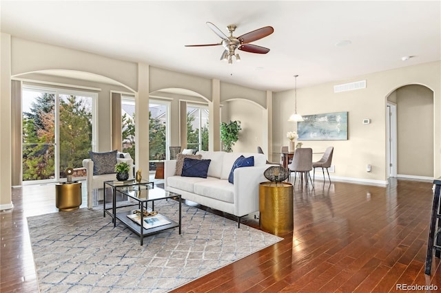 27235 E Lakeview Pl, Aurora, CO 80016 - living room with a ceiling fan, wood finished floors, and plenty of natural light