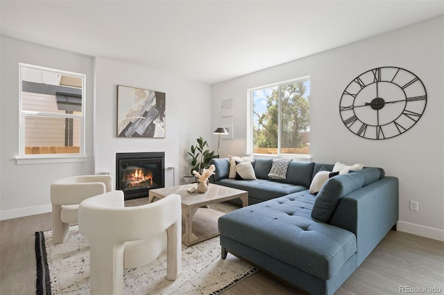 living area with baseboards, a glass covered fireplace, and light wood-type flooring