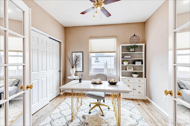 home office featuring light wood finished floors, ceiling fan, and baseboards