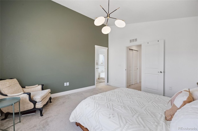 4177 E 98th Pl, Thornton, CO 80229 - bedroom featuring high vaulted ceiling, a chandelier, light carpet, and ensuite bathroom