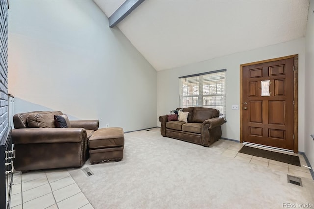 living room with light carpet, light tile patterned floors, visible vents, high vaulted ceiling, and beam ceiling