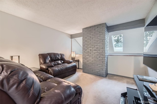 carpeted living room with a textured ceiling