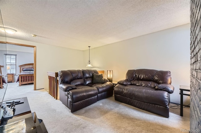 living room with carpet flooring and a textured ceiling