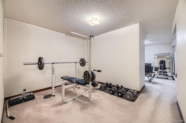 exercise area with a textured ceiling, baseboards, and carpet