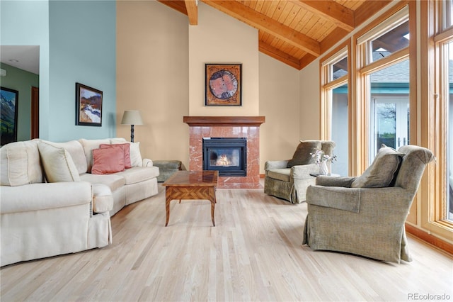 25803 Aspen Way, Golden, CO 80401 - living room featuring wood ceiling with exposed beams, high vaulted ceiling, wood finished floors, and a fireplace