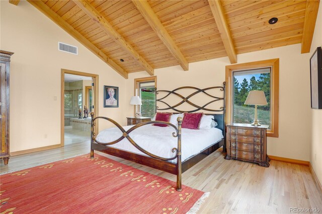 25803 Aspen Way, Golden, CO 80401 - bedroom featuring multiple windows, wood ceiling with exposed beams, wood finished floors, baseboards, and high vaulted ceiling