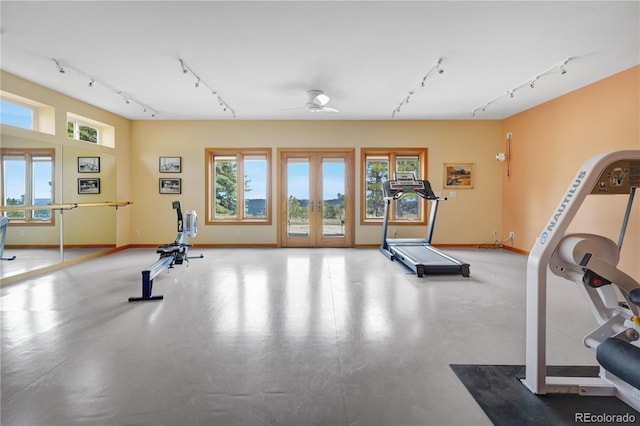 25803 Aspen Way, Golden, CO 80401 - exercise room featuring track lighting, baseboards, and ceiling fan