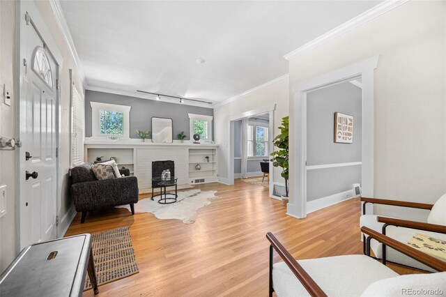 864 Garfield St, Denver, CO 80206 - living area featuring crown molding, healthy amount of natural light, and light wood-style flooring