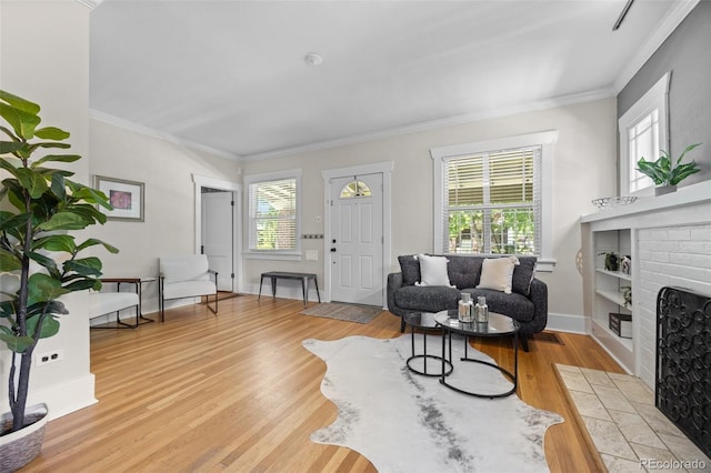 864 Garfield St, Denver, CO 80206 - living room featuring a fireplace, light wood-style flooring, and crown molding