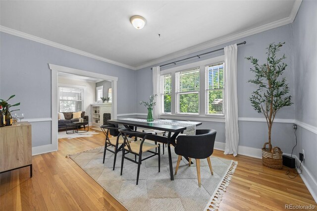 864 Garfield St, Denver, CO 80206 - dining area with a fireplace, plenty of natural light, light wood-style flooring, and crown molding