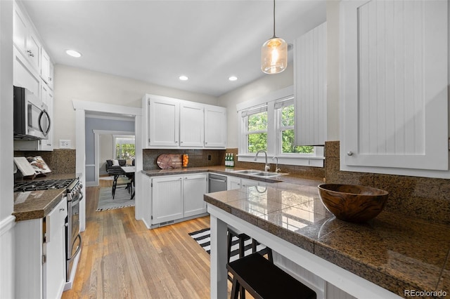 864 Garfield St, Denver, CO 80206 - kitchen featuring appliances with stainless steel finishes, tile counters, healthy amount of natural light, light wood-style floors, and recessed lighting
