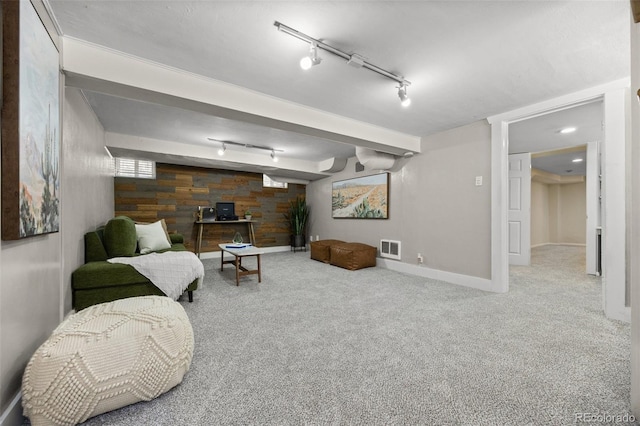 864 Garfield St, Denver, CO 80206 - sitting room featuring wood walls, rail lighting, and carpet