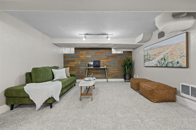 864 Garfield St, Denver, CO 80206 - carpeted living area featuring wood walls and track lighting