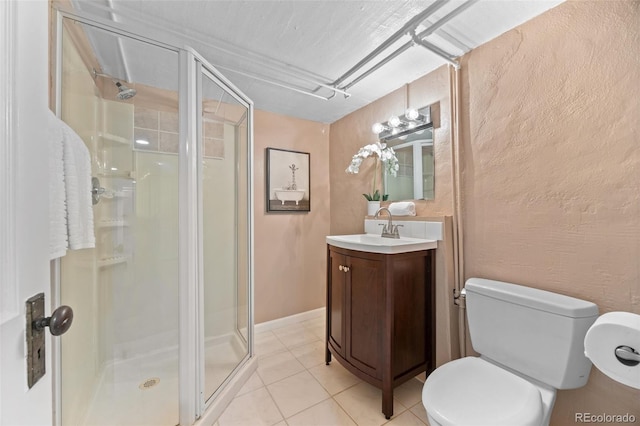 864 Garfield St, Denver, CO 80206 - full bathroom with a shower stall, tile patterned flooring, vanity, and a textured wall