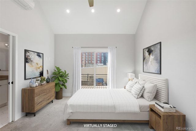 4232 Jason St Unit 2, Denver, CO 80211 - bedroom featuring carpet floors, an AC wall unit, recessed lighting, high vaulted ceiling, and ceiling fan