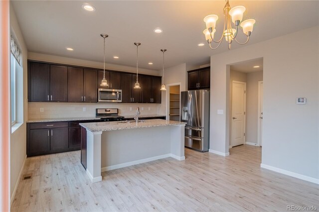 kitchen with dark brown cabinetry, decorative backsplash, stainless steel appliances, and light wood-style flooring