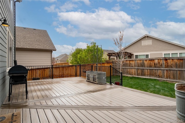 wooden deck featuring a fenced backyard and a lawn