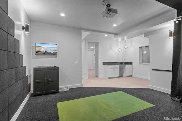 2745 Java Ct, Denver, CO 80211 - rec room featuring carpet flooring, recessed lighting, bar with sink, and golf simulator