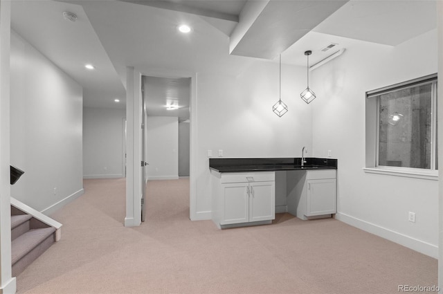 2745 Java Ct, Denver, CO 80211 - indoor wet bar with light carpet, recessed lighting, decorative light fixtures, and stairway