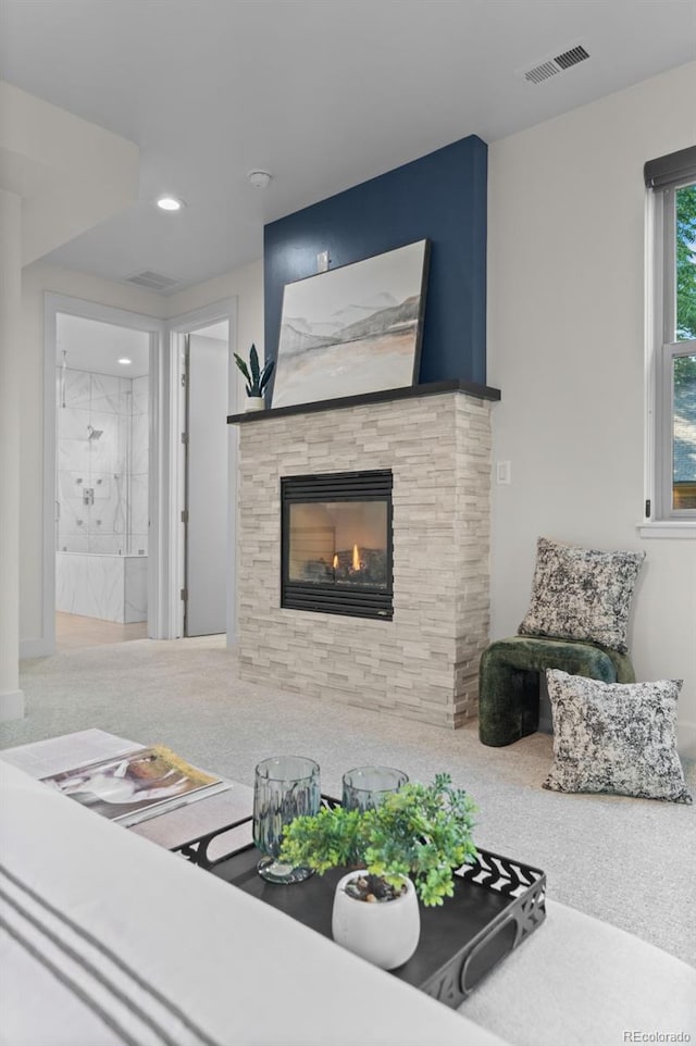 2745 Java Ct, Denver, CO 80211 - living room with carpet flooring, a fireplace, and recessed lighting