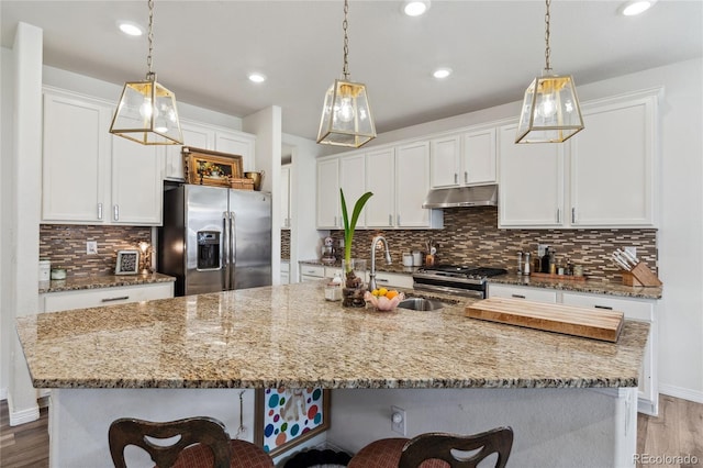14938 Vienna Cir, Parker, CO 80134 - kitchen with stainless steel appliances, under cabinet range hood, light wood-style flooring, a kitchen breakfast bar, and tasteful backsplash