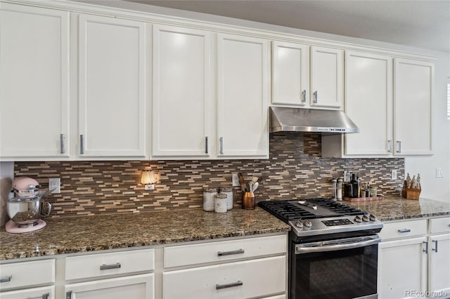 14938 Vienna Cir, Parker, CO 80134 - kitchen with stainless steel gas range, under cabinet range hood, and white cabinetry
