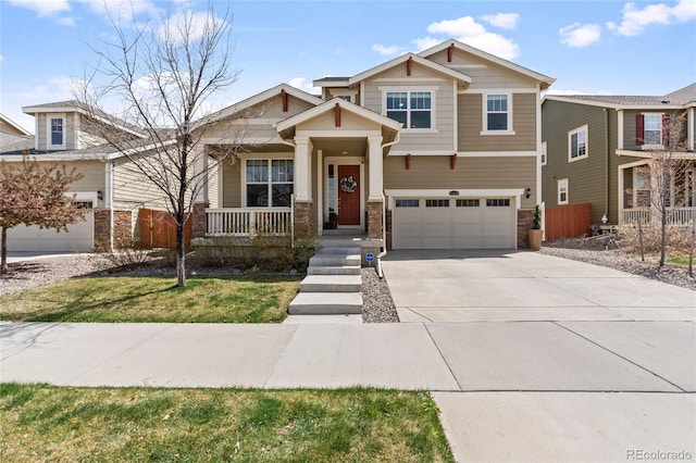 14938 Vienna Cir, Parker, CO 80134 - craftsman-style house featuring a porch, an attached garage, concrete driveway, and stone siding
