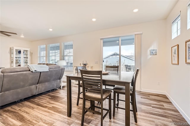 dining area with recessed lighting, baseboards, a ceiling fan, and wood finished floors