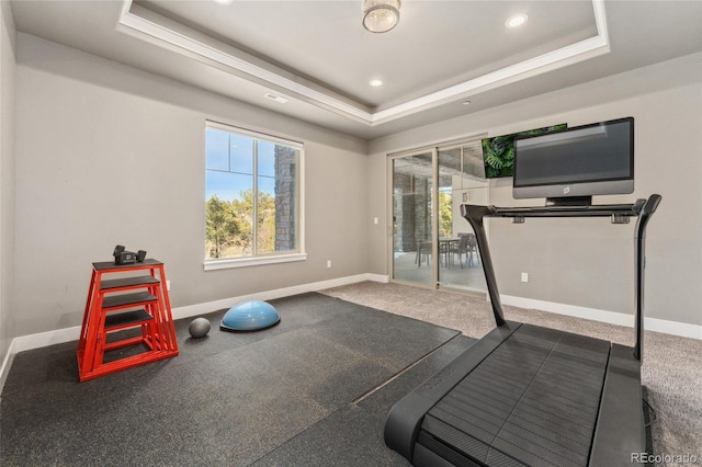 workout area featuring a tray ceiling