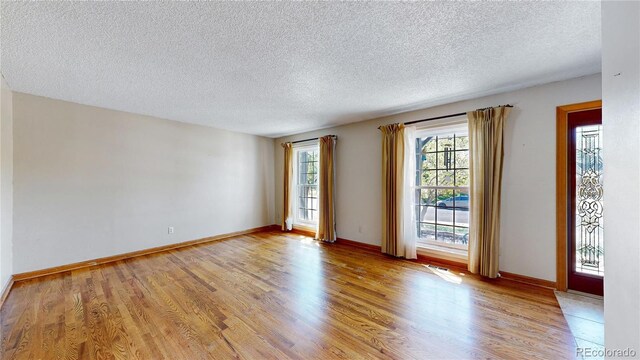 empty room featuring light wood-type flooring and a textured ceiling