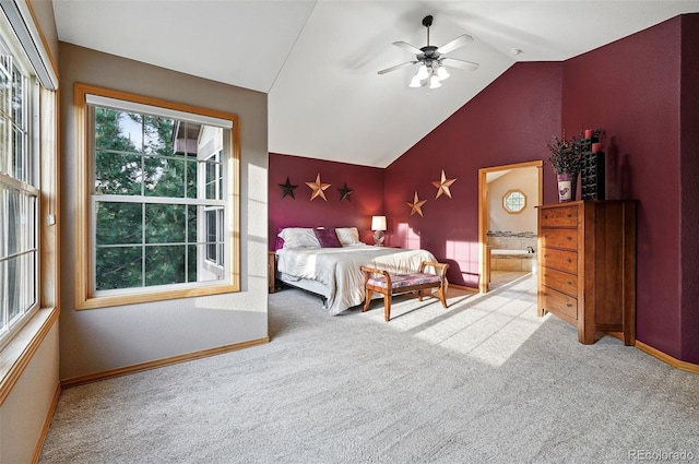 5683 Fig Way, Arvada, CO 80002 - bedroom with carpet flooring, lofted ceiling, baseboards, ensuite bathroom, and ceiling fan