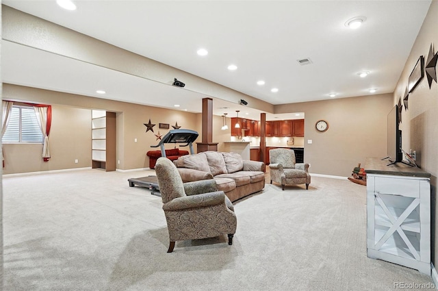 5683 Fig Way, Arvada, CO 80002 - living room with light colored carpet, baseboards, and recessed lighting