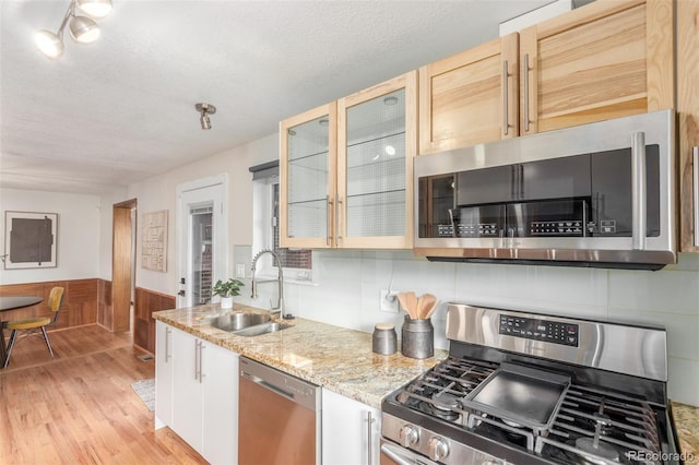 kitchen with a wainscoted wall, a sink, stainless steel appliances, light wood finished floors, and light stone countertops