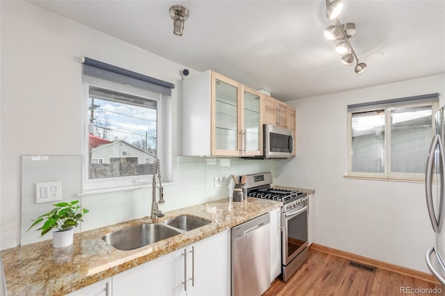 kitchen featuring a sink, a healthy amount of sunlight, appliances with stainless steel finishes, and light wood finished floors