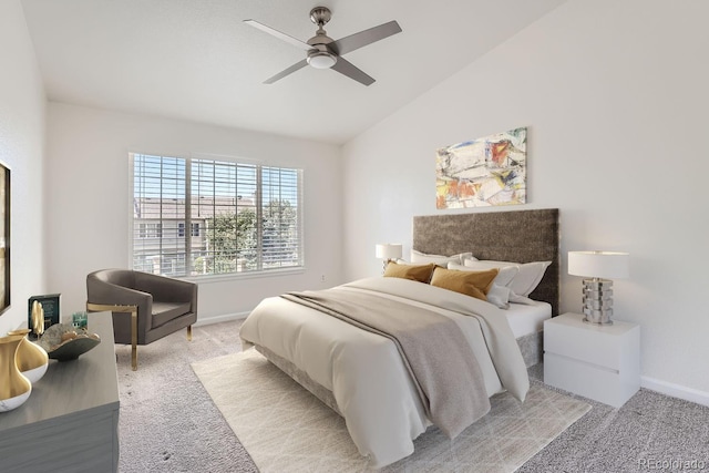 bedroom with ceiling fan, baseboards, vaulted ceiling, and light colored carpet