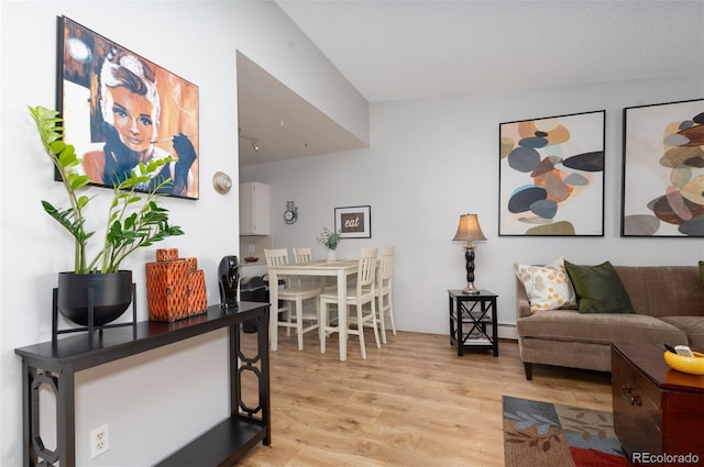 living area featuring light wood-style floors and baseboard heating