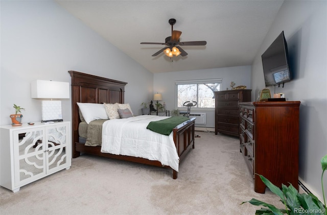 bedroom featuring lofted ceiling, a baseboard radiator, a ceiling fan, an AC wall unit, and light carpet