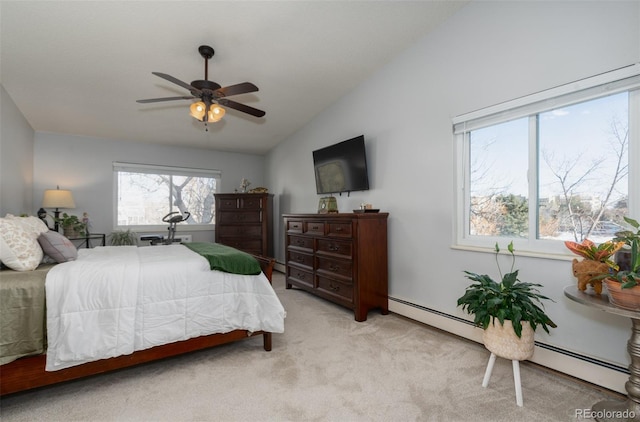 bedroom featuring light carpet, a baseboard heating unit, ceiling fan, and lofted ceiling