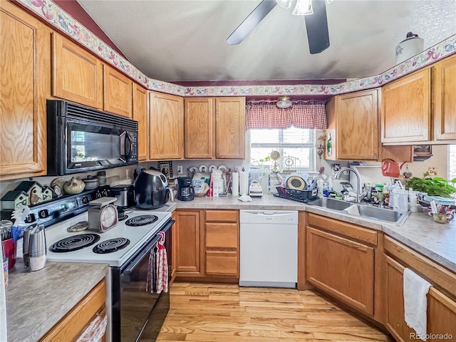 kitchen featuring ceiling fan, light hardwood / wood-style floors, sink, and black appliances