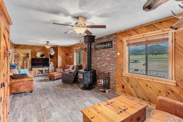 11679 US Highway 50, Howard, CO 81233 - living area featuring wooden walls, plenty of natural light, ceiling fan, a wood stove, and a textured ceiling