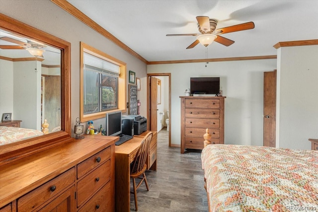 11679 US Highway 50, Howard, CO 81233 - bedroom featuring wood finished floors, a desk, ornamental molding, ceiling fan, and connected bathroom