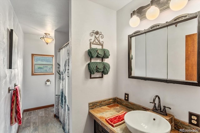 11679 US Highway 50, Howard, CO 81233 - bathroom with a sink, wood finished floors, a shower with curtain, and baseboards