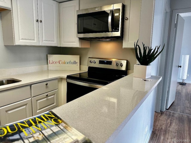 kitchen featuring dark wood-type flooring, light stone countertops, stainless steel appliances, and white cabinets