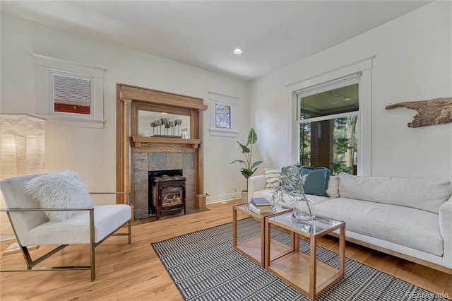 living area with light wood-type flooring, a wood stove, and a wealth of natural light