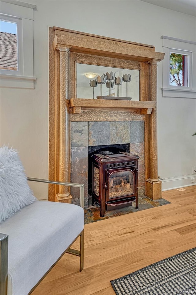 interior details with baseboards, a wood stove, and wood finished floors
