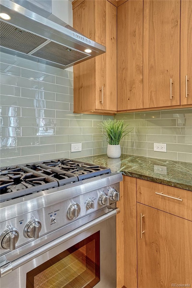 kitchen featuring ventilation hood, backsplash, and high end stainless steel range oven