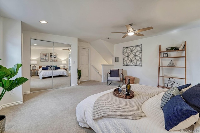 bedroom with recessed lighting, carpet flooring, baseboards, and ceiling fan